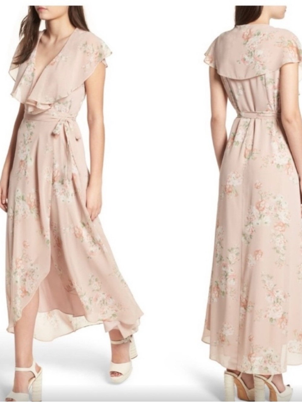 WAYF Sz Medium Palermo Floral Ruffle High Low True Wrap Maxi Dress • NWT!